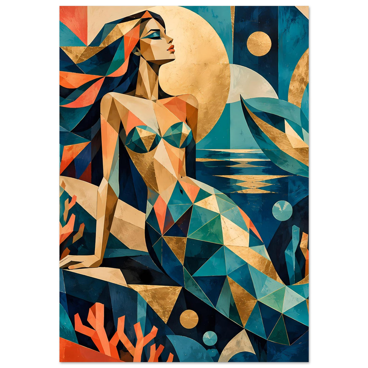 Geometrisches Meerjungfrauen-Kunstposter mit stilisierter Meerjungfrau, Türkis, Koralle und Goldkreisen