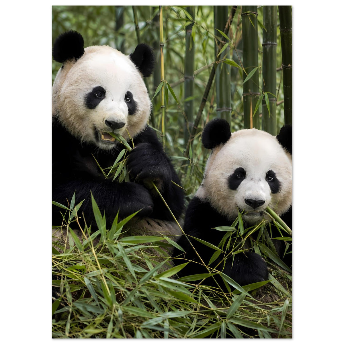 Poster mit zwei Pandas im Bambus, Panda links füttert sich am Blatt