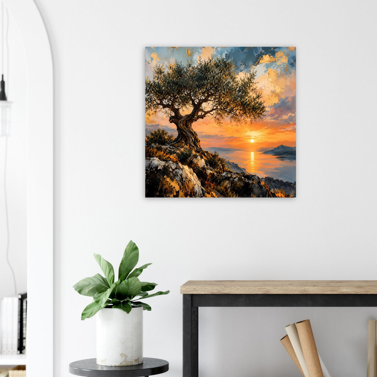 Wandposter mit Olivenbaum auf Hügel, Sonnenuntergang am Horizont, quadratisch
