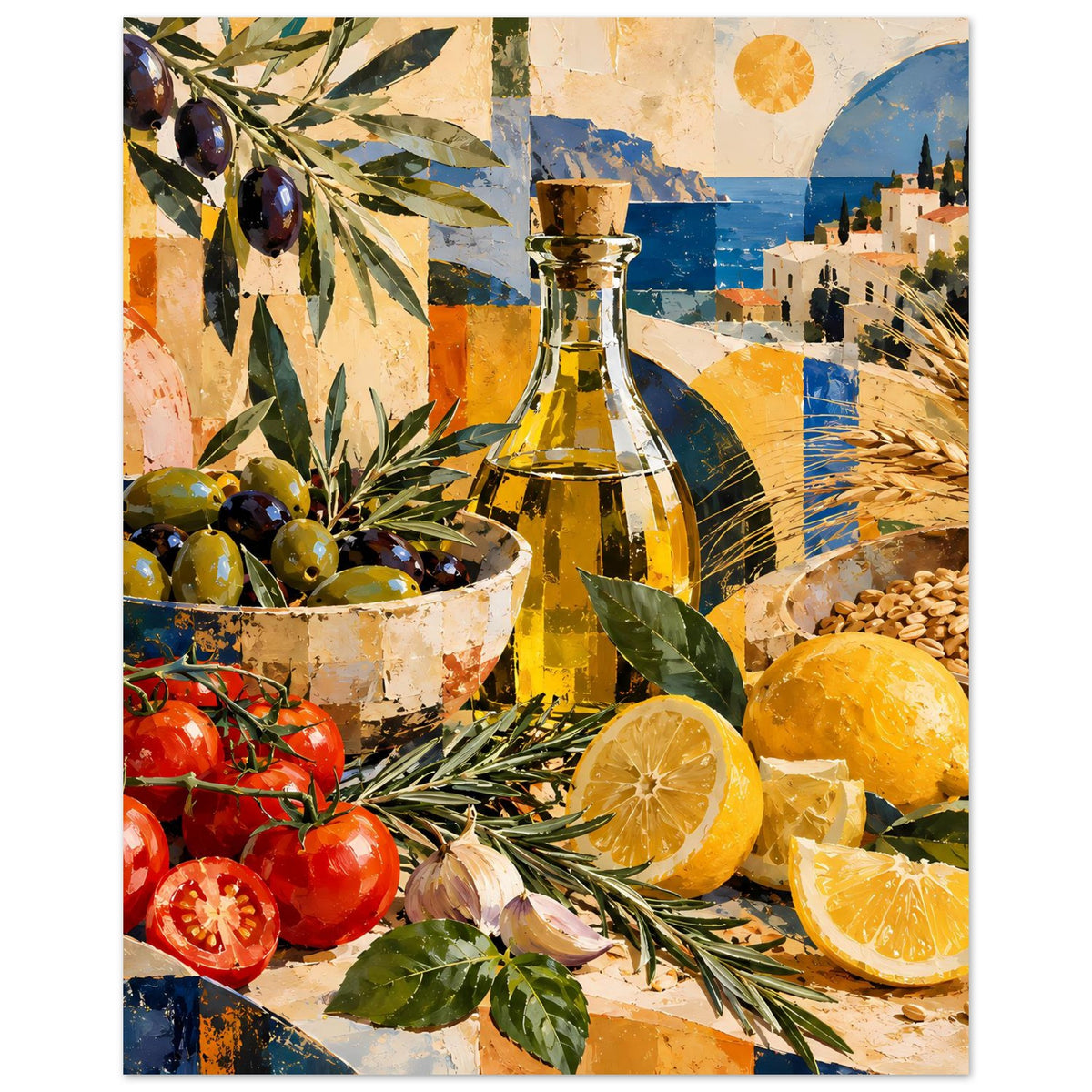 Poster mit Flasche, Oliven-Schale und Tomaten, Zitronenviertel und Kräuter im Vordergrund
