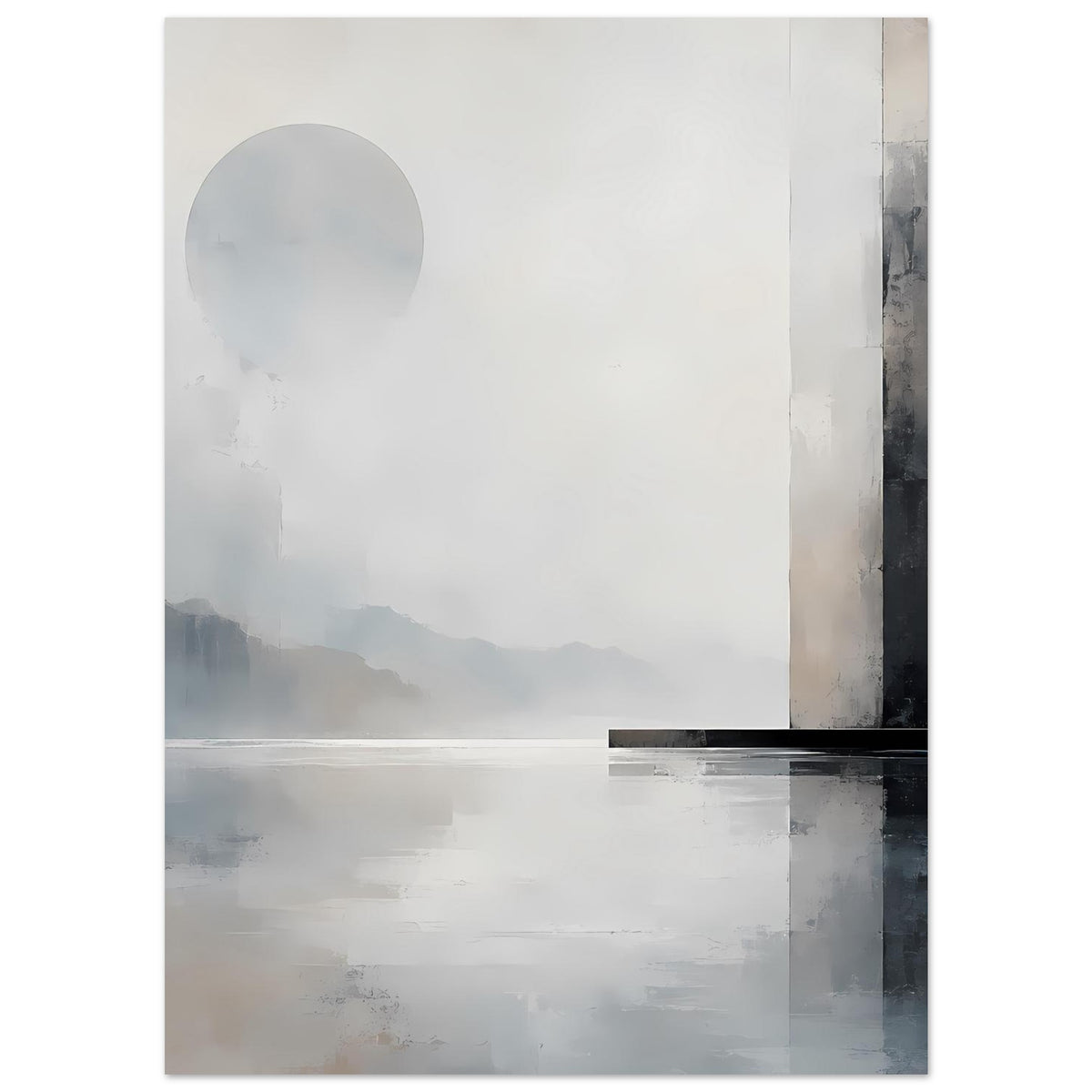 Abstraktes Landschaftsposter mit Bergsilhouette, monochrome Grautöne und dezente Spiegelung unten