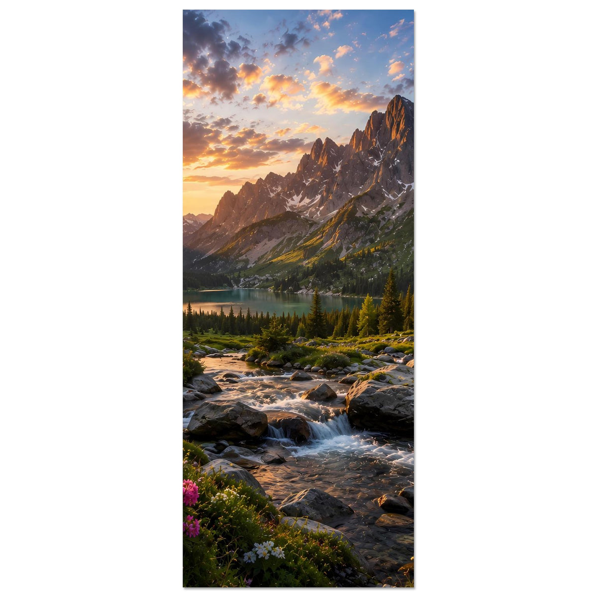 Hochformat-Landschaftsposter mit Sonnenuntergang, Bergpanorama, See, Bach und Tannen