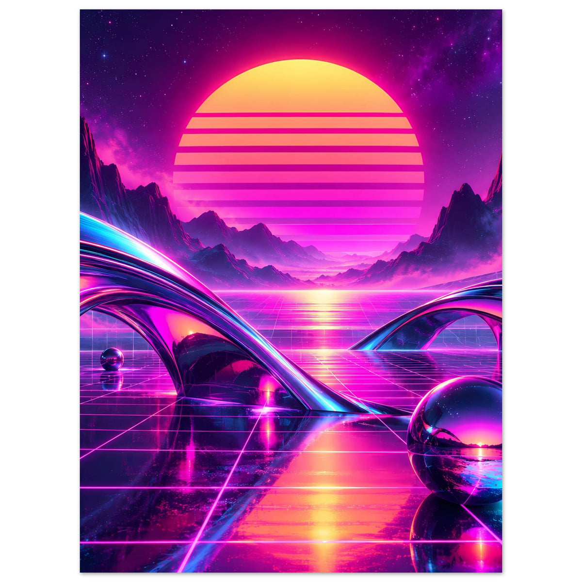 Neon-Science-Fiction-Poster (vertikal) mit Kreis-Sonne, Neonlichtstreifen, Grid-Boden und Glaskugel