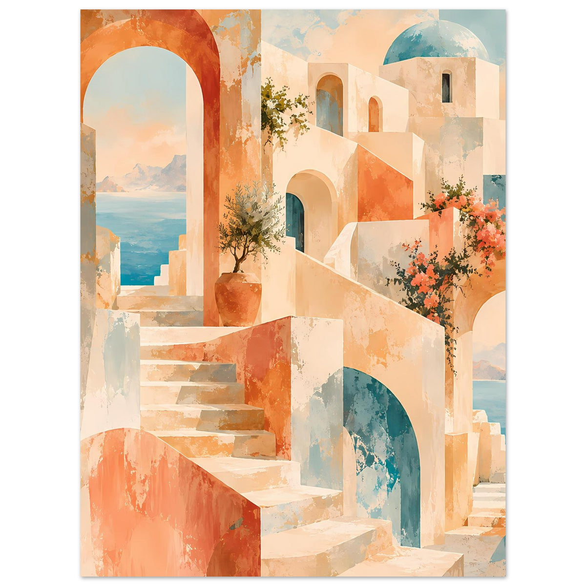 Mediterranes Traum-Landschaftsposter im Hochformat: Treppe, Rundbögen und blühender Blumenschmuck