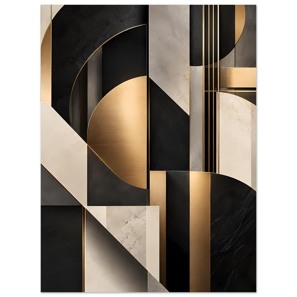 Geometrisches Kunstposter mit goldenen Linien, Kreis- und Bogenformen in Schwarz und Beige