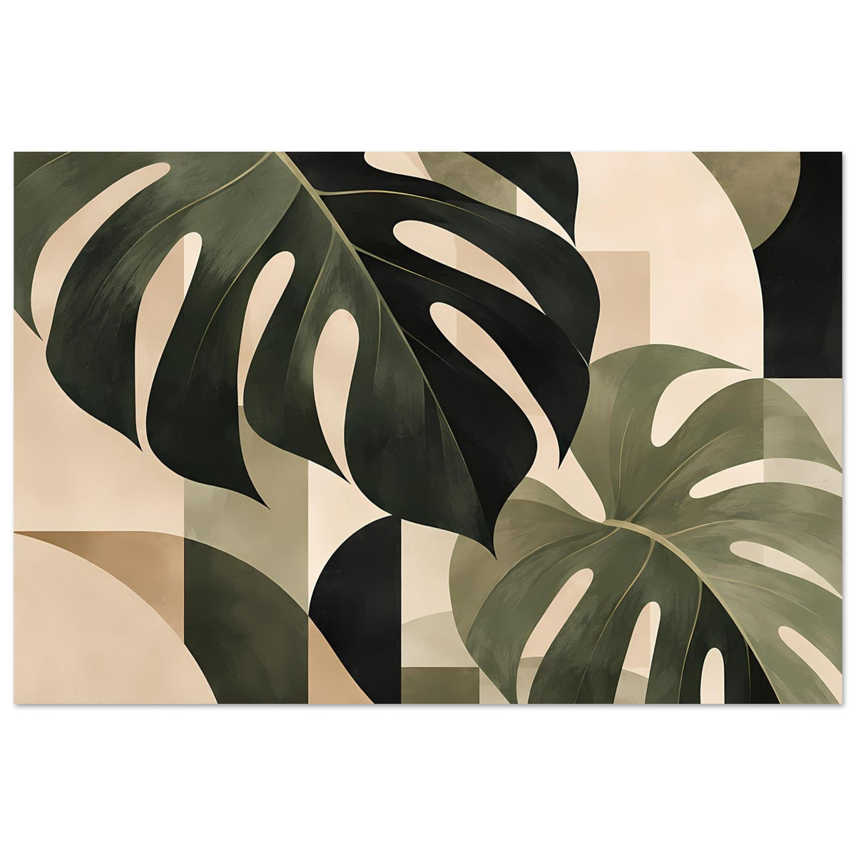 Querformat-Poster mit abstrakten Monstera-Blättern in Salbeigrün, Dunkelgrün und Beige