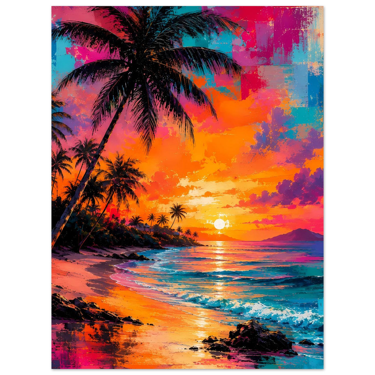 Neon-Palmenstrand-Poster mit großen Palmen, buntem Sonnenuntergang und Meer