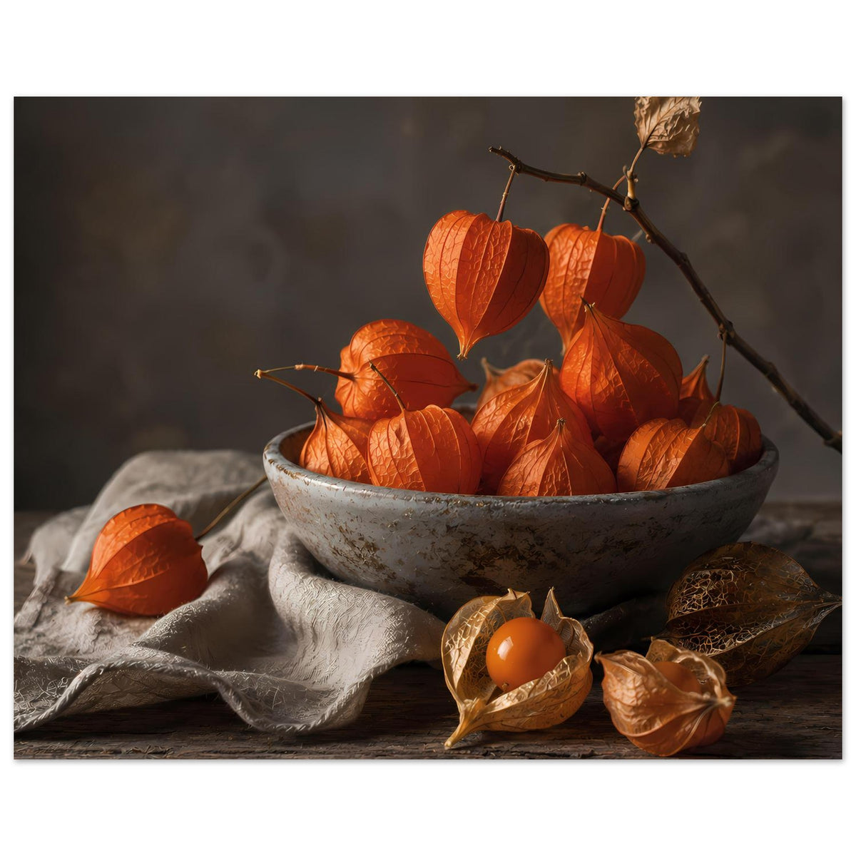 Herbstposter: graue Schale voller orange Zierkürbisse, Astzweig und Physalisfrucht