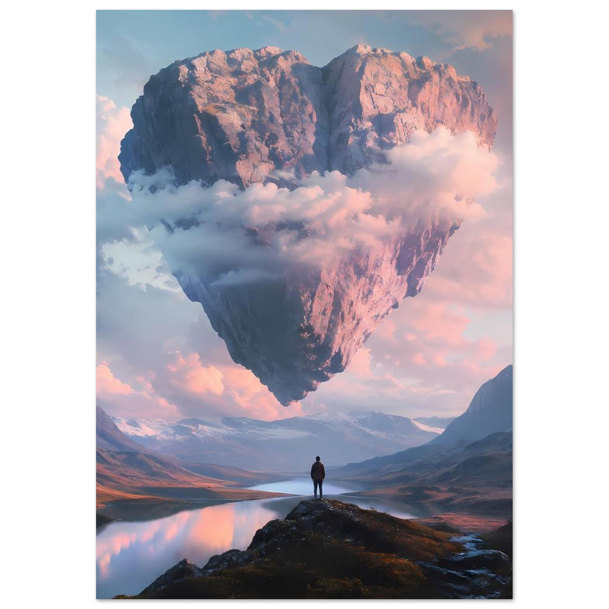 Poster im Hochformat: schwebendes Felsherz über Tal mit See