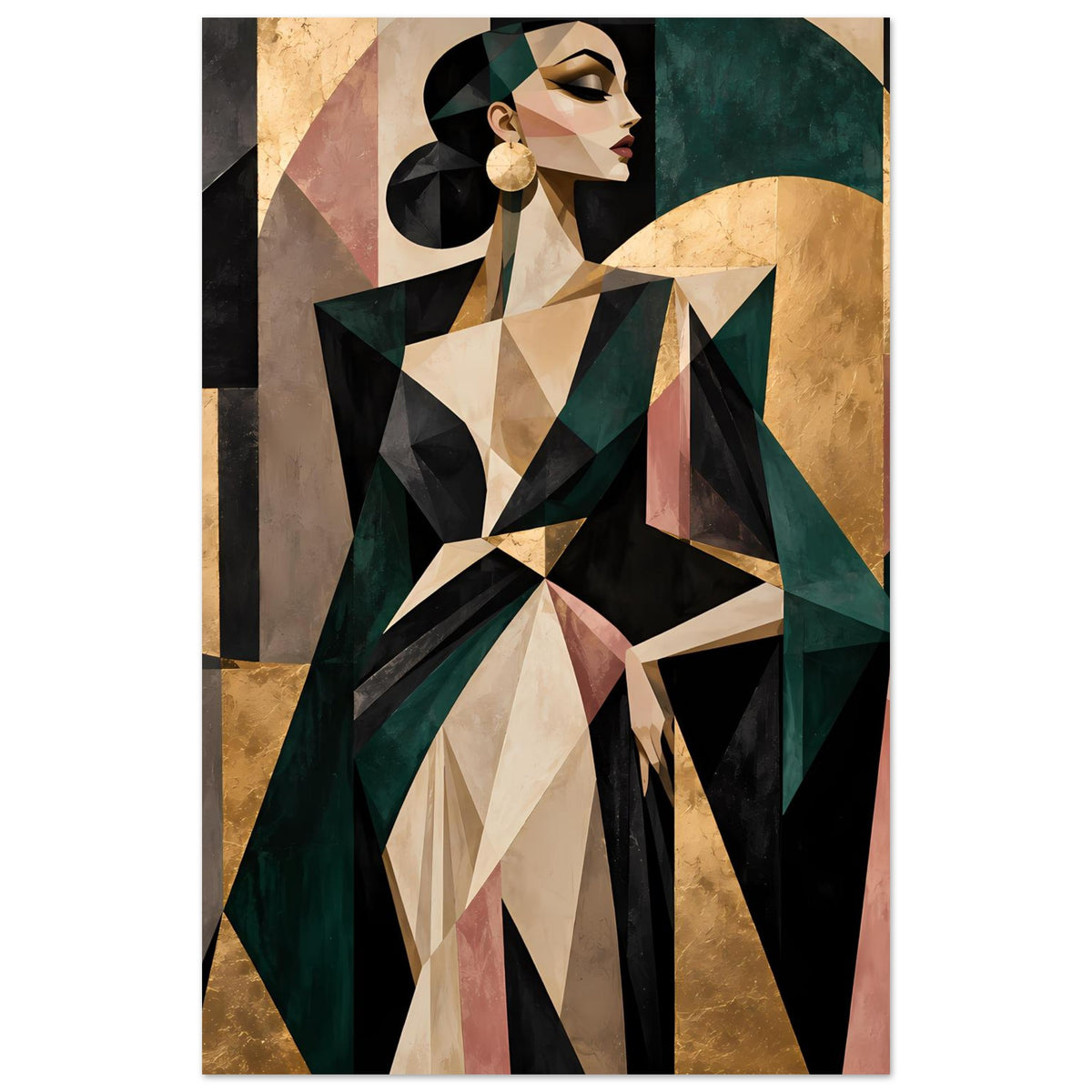 Abstraktes Poster mit geometrischer Frauenfigur, Olivgrün- und Goldtönen, auf weißem Rand.