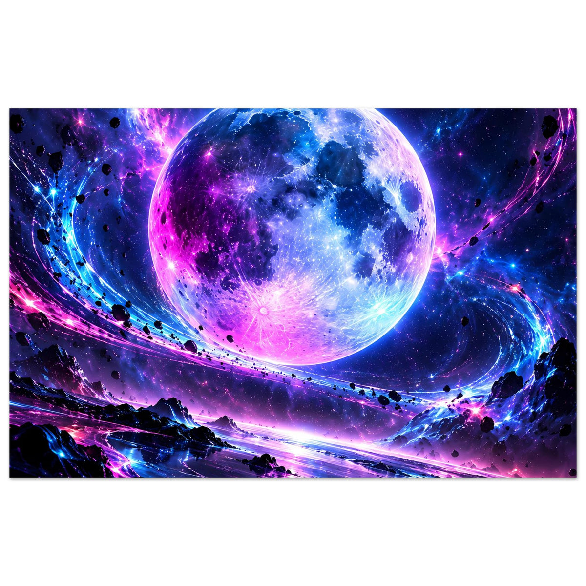 Horizontales Poster mit großer Planetkugel in Blau/Violett und Raumschiffen im All
