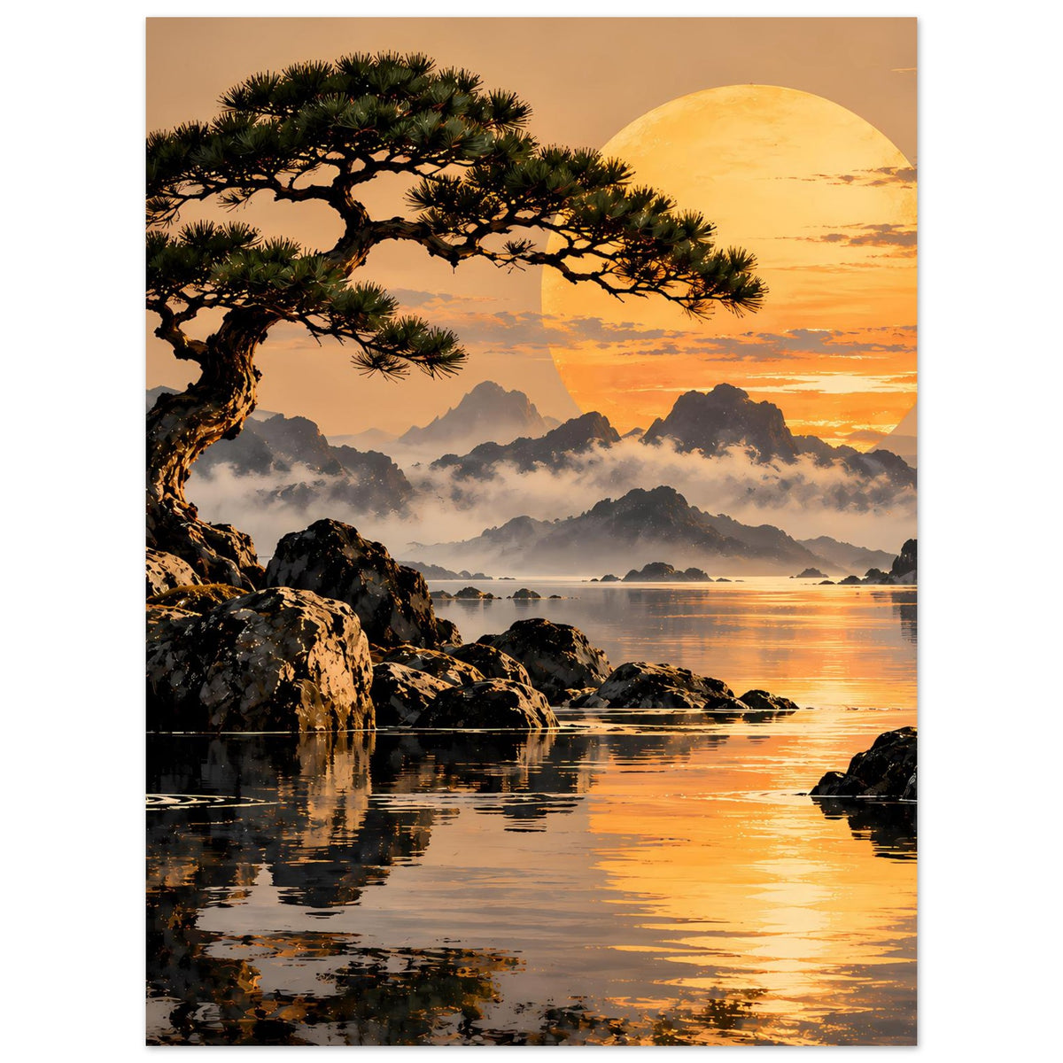 Landschafts-Poster: Ästiger Baum, Felsen am Ufer, goldener Sonnenuntergang