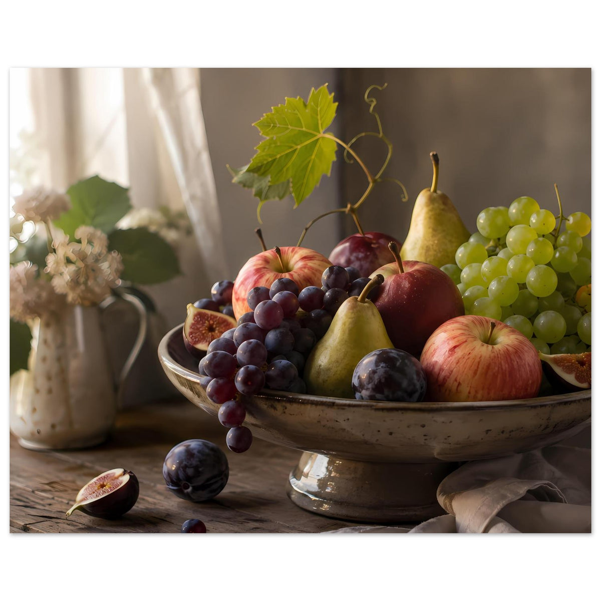 Obst-Poster mit Keramikschale: Trauben, Äpfel und Birne, grünes Weinblatt