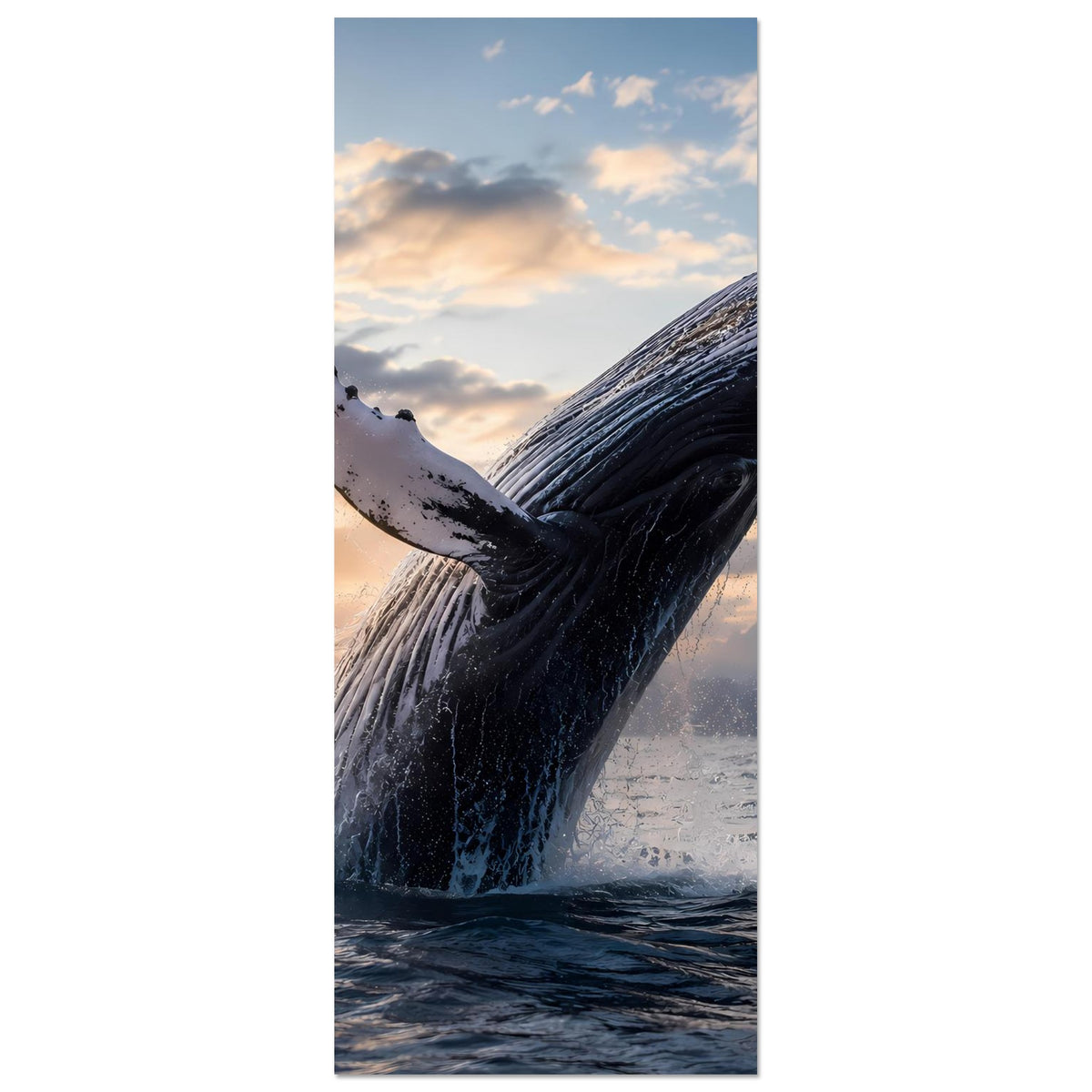 Hochformat-Poster mit springendem Buckelwal, Wal und Wasser überwiegend im Bild