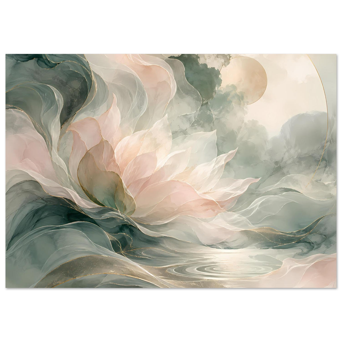 Florales Kunstposter im Querformat mit Pastellrosa-Blüten, Petrolgrün und hellem Rundbogen