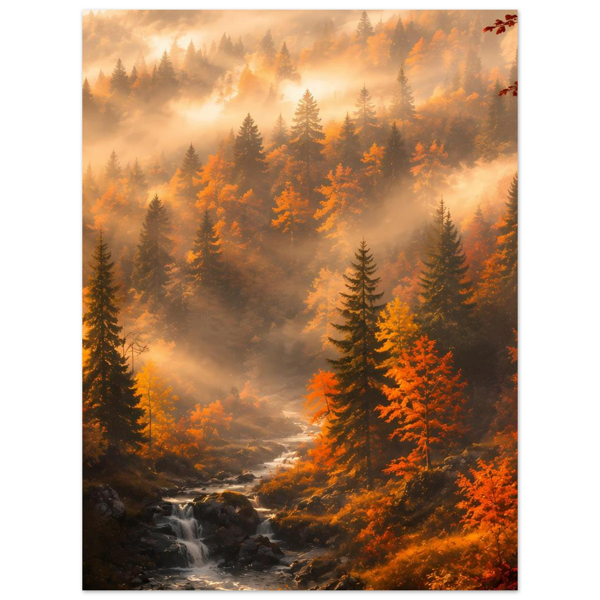 Herbst-Waldlandschafts-Poster mit Wasserlauf, Nebel und orangefarbenen Tannen