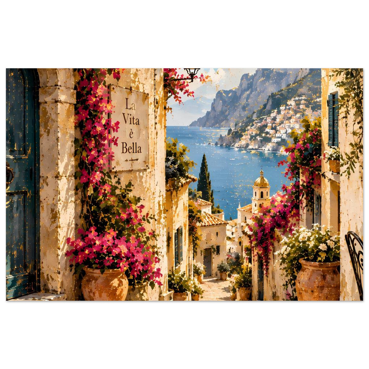 Horizontales Poster mit mediterraner Gasse, pinken Blütenranken, Tongefäßen und See im Hintergrund