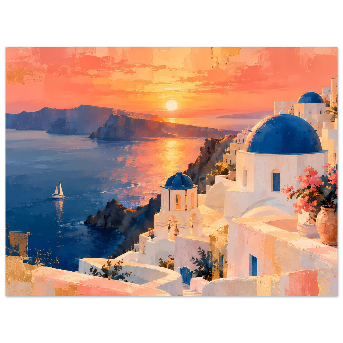 Horizontales Poster: Sonnenuntergang über dem Meer, weiße Architektur mit blauer Kuppel