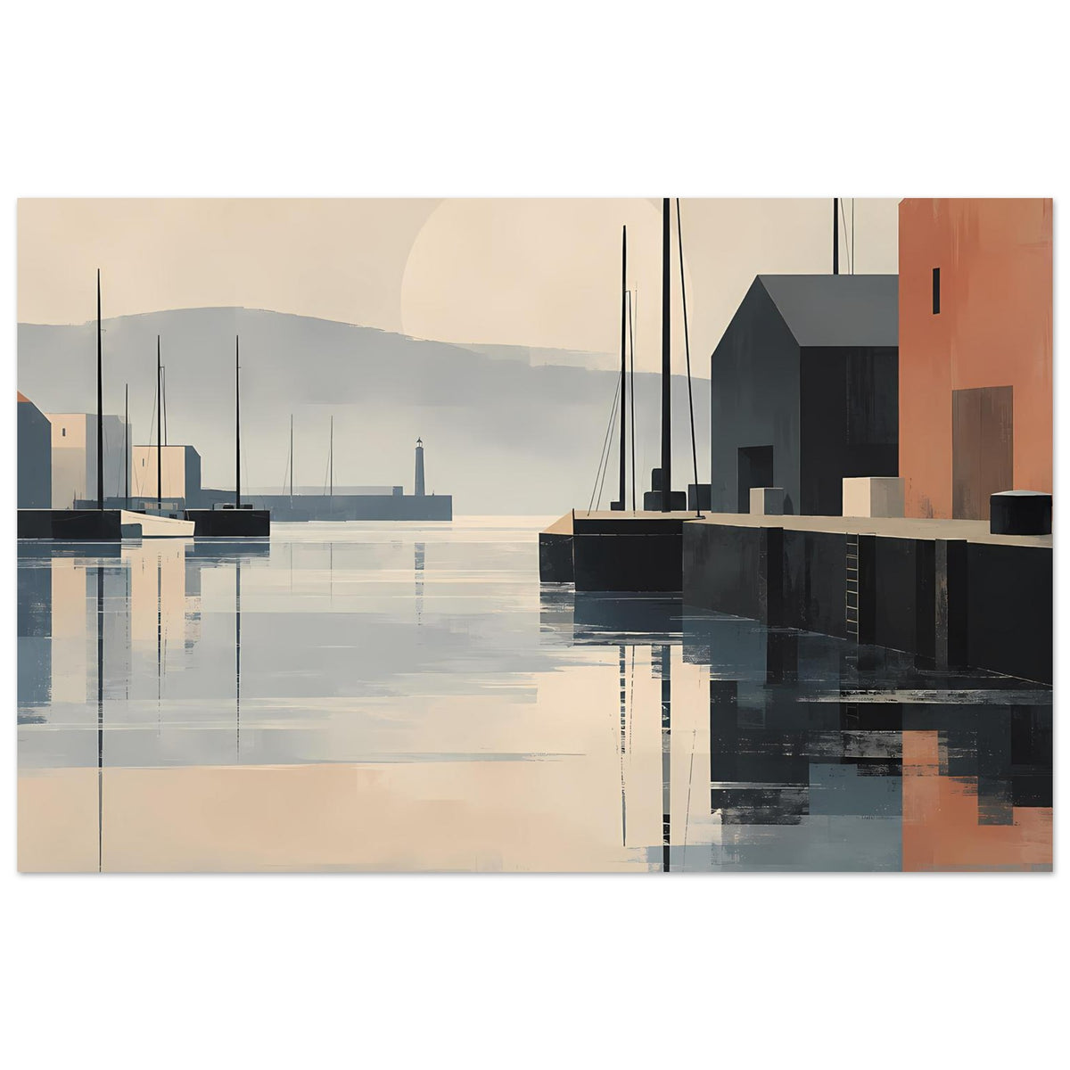 Horizontales Hafenposter mit Yachthafen, Bootsmasten und spiegelnder Wasseroberfläche.