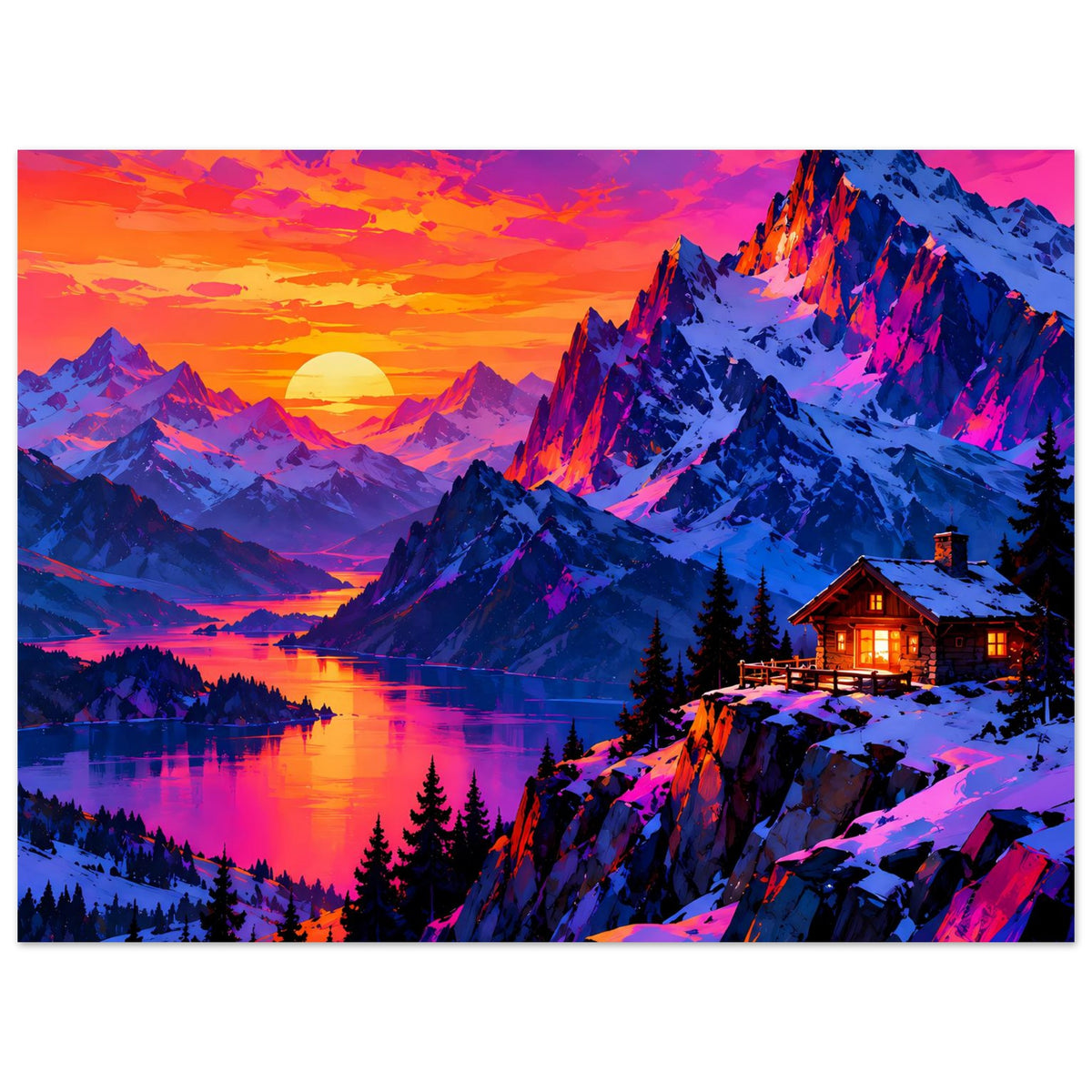 Rechteckiges Poster mit Bergsee, schneebedeckten Bergen, warm beleuchteter Hütte am Ufer