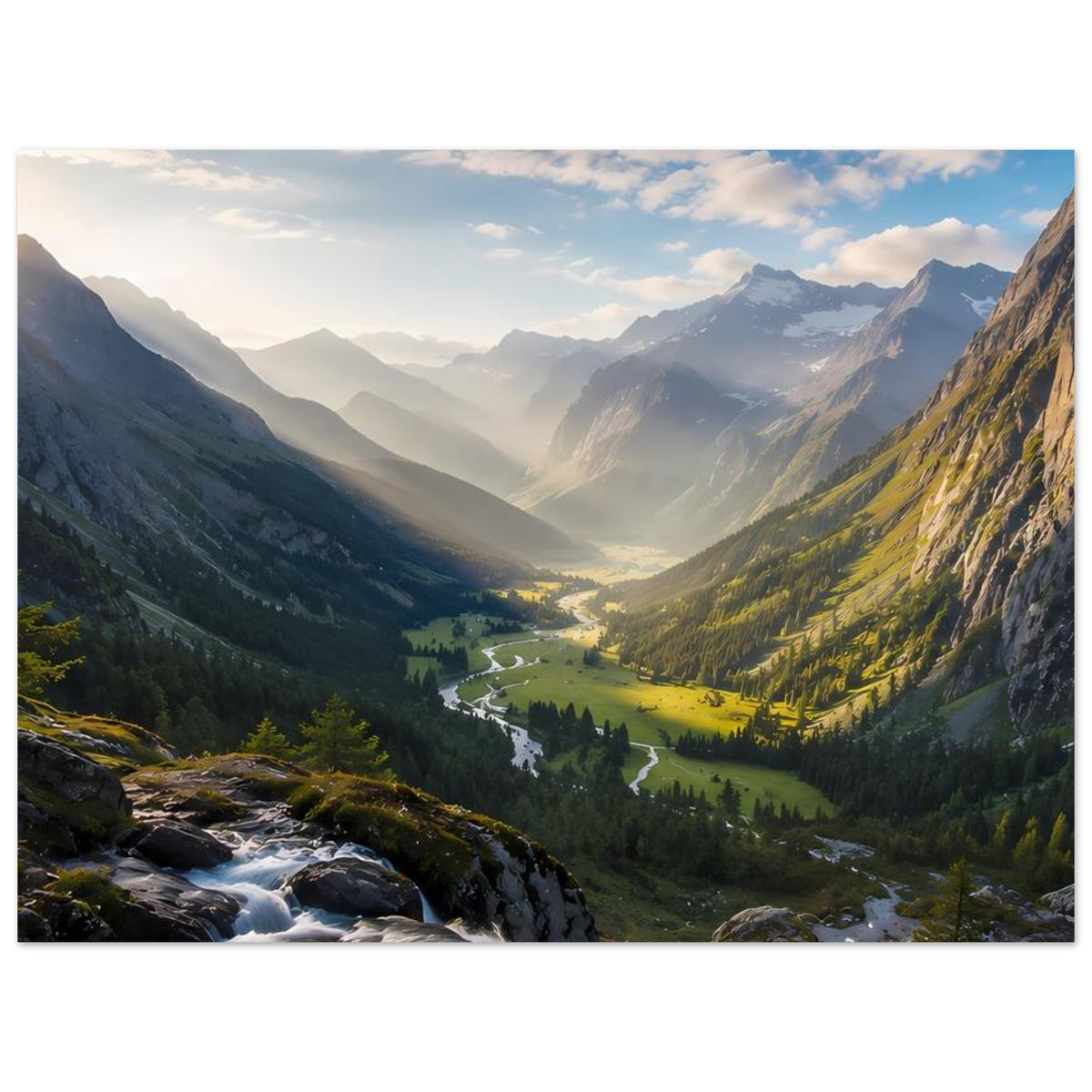 Poster mit Gebirgsbach, Felsen im Vordergrund und grünem Tal
