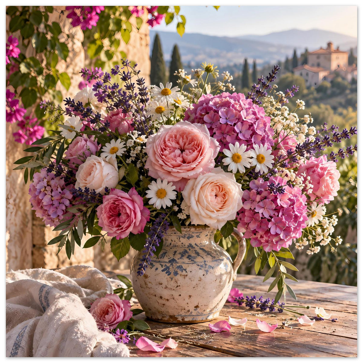 Blumenposter im Querformat: Strauß in Vase mit rosa Hortensien und Gänseblümchen