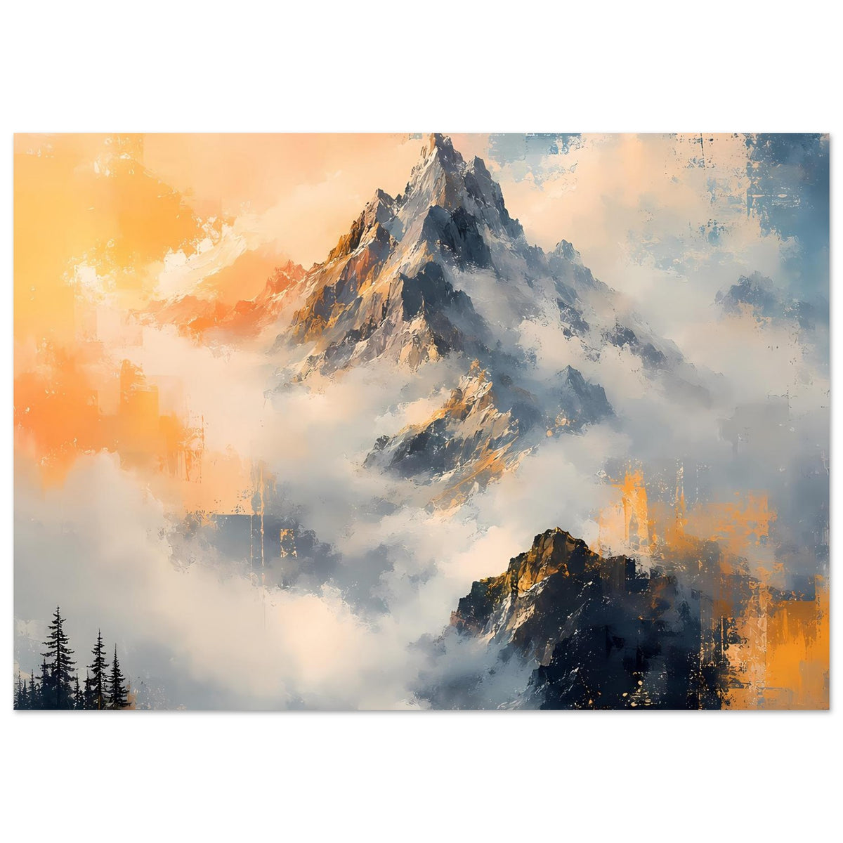 Sunrise-Bergposter, horizontale Ansicht mit Berggipfeln, orangefarbener Sonne und kühlem Blau, matt
