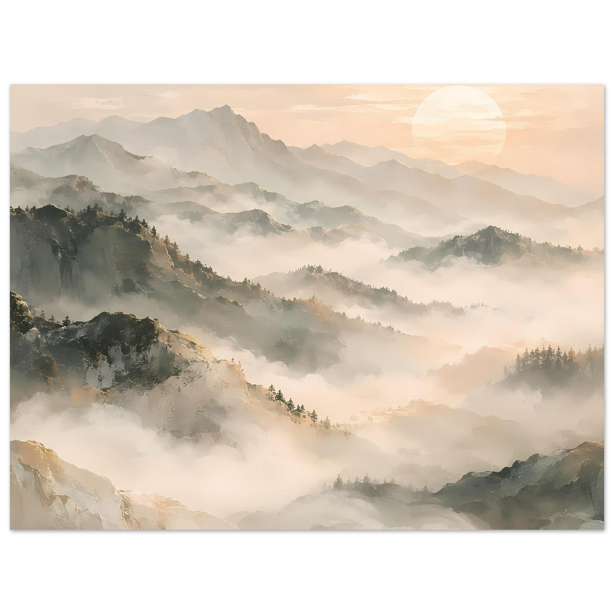 Horizontales Poster mit Berglandschaft, Nebelschwaden und warmem Sonnenaufgang