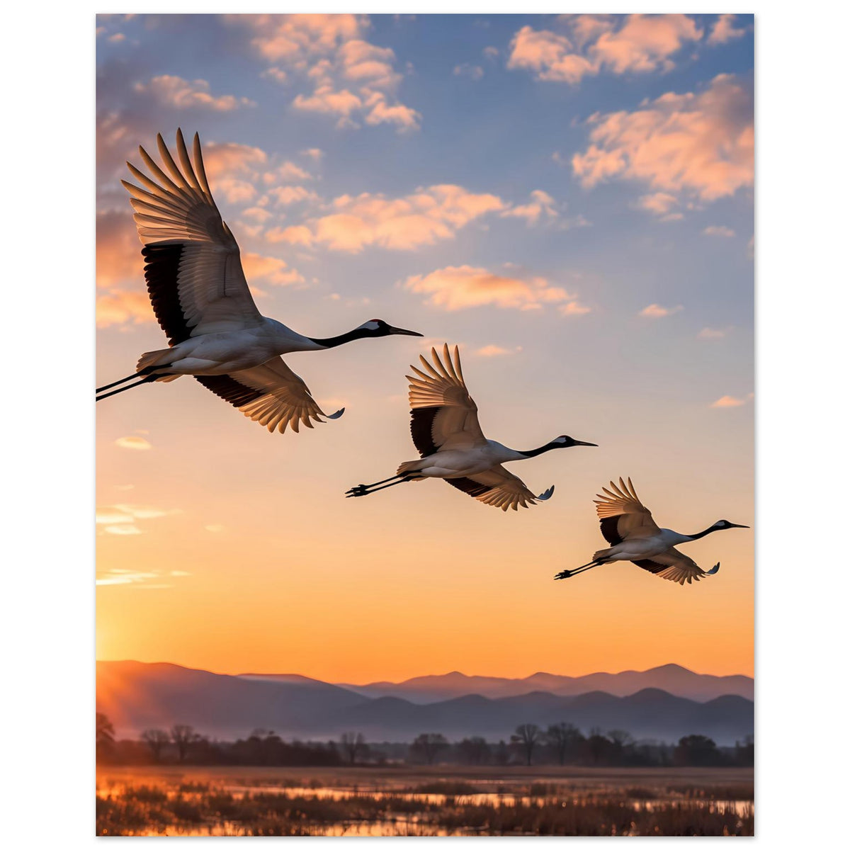 Poster mit fliegenden Kranichen im Abendhimmel, Berge und Wolken im Hintergrund