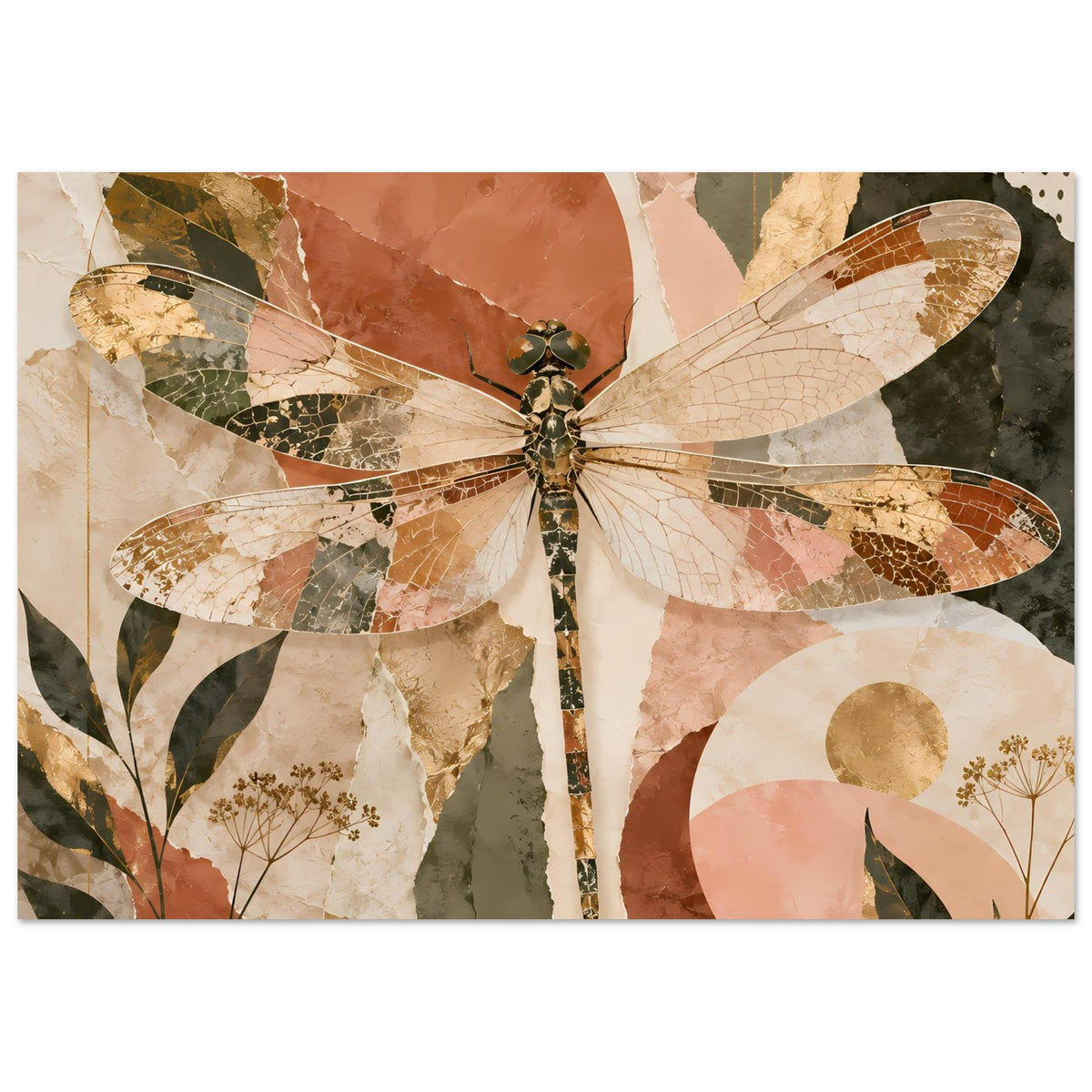 Deko-Poster mit Libelle im Boho-Stil, Collage-Optik in Braun, Grün und Rosa.