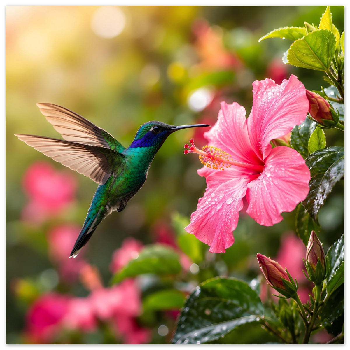 Naturposter mit Kolibri und pinkem Hibiskusblütenmotiv, mit grünen Blättern und Zweigen