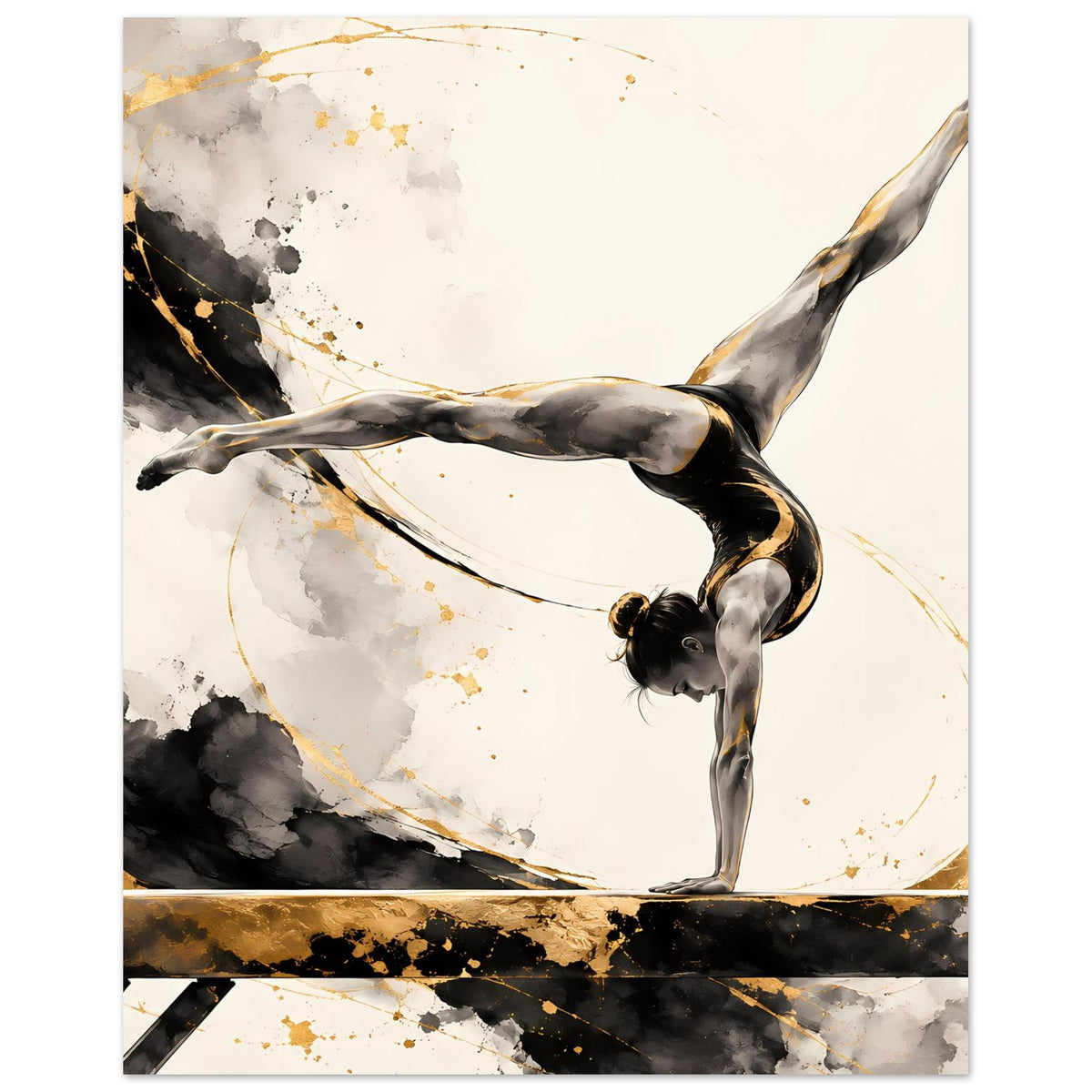 Gymnastikposter: Turnerin im Handstand, schwarz-grau mit goldenen Akzenten und Linien