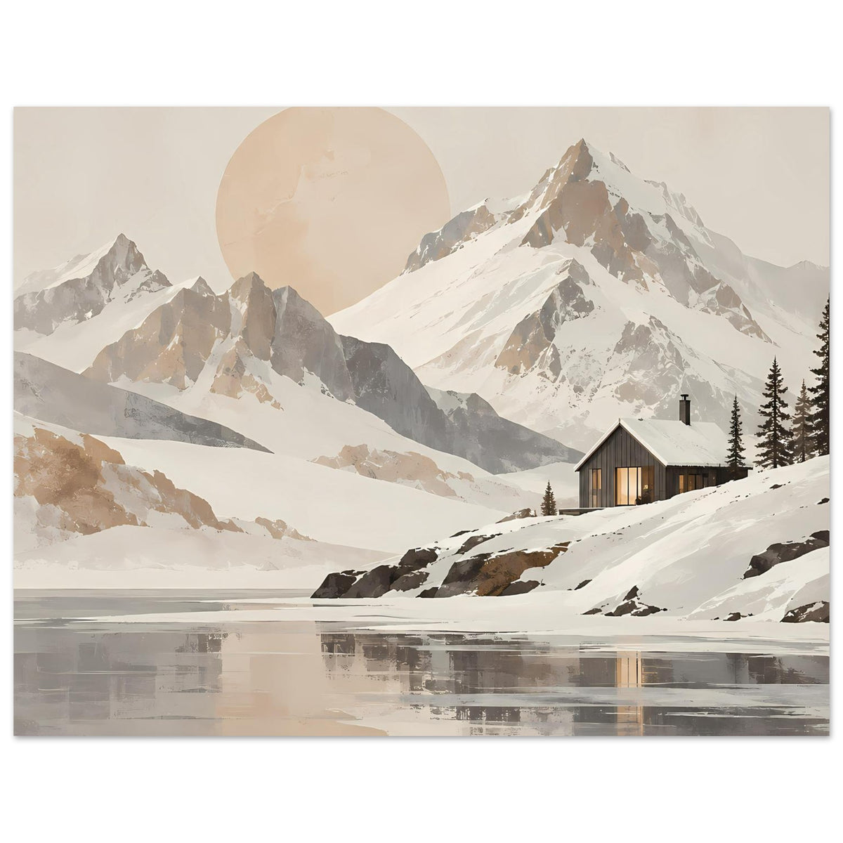 Horizontales Poster mit schneebedeckten Bergen, Sonnenkreis, See-Reflexionen und Hütte