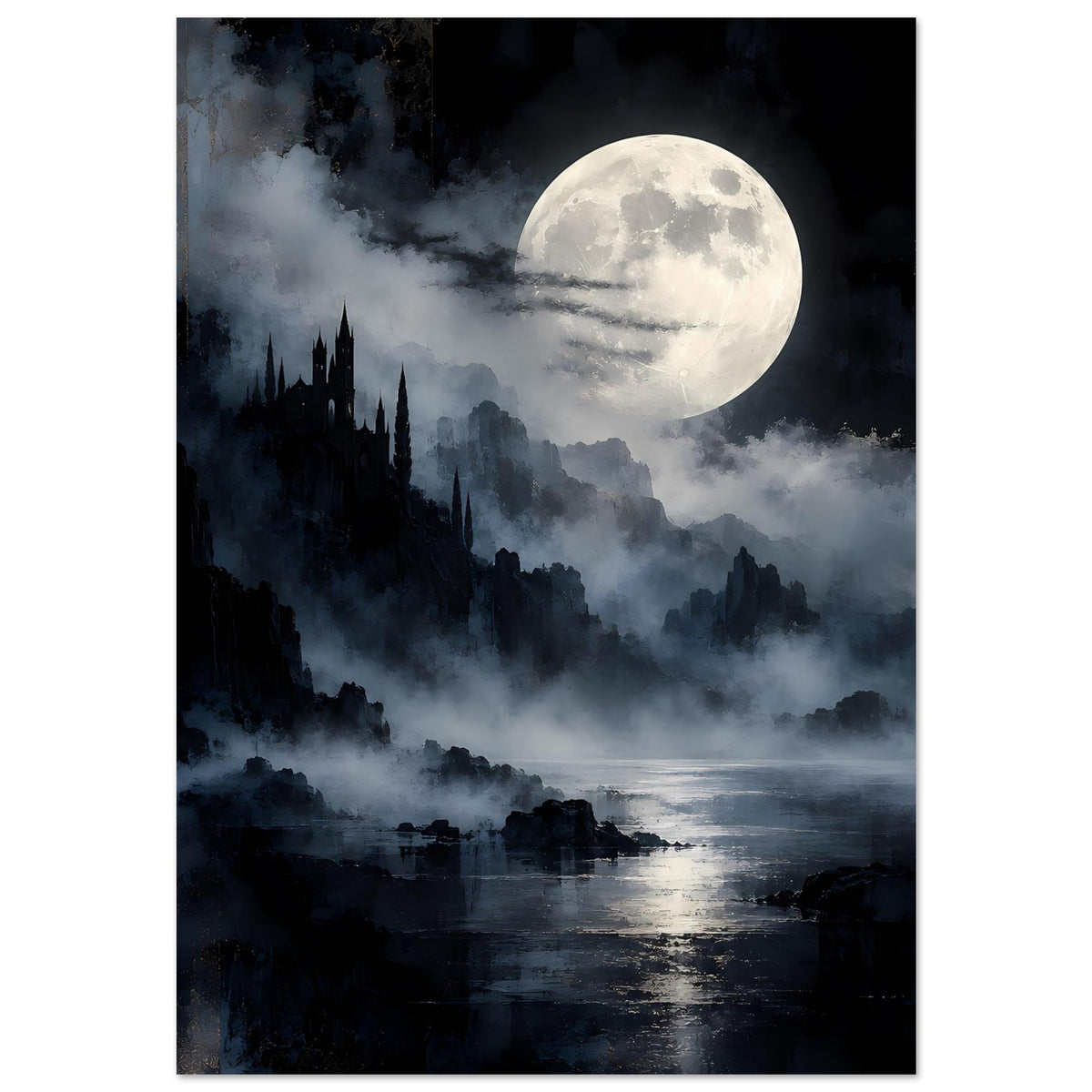 Fantasy-Landschaftsposter mit Vollmond, dichten Wolken, Nebel und schattenhaften Berg-/Turmlinien