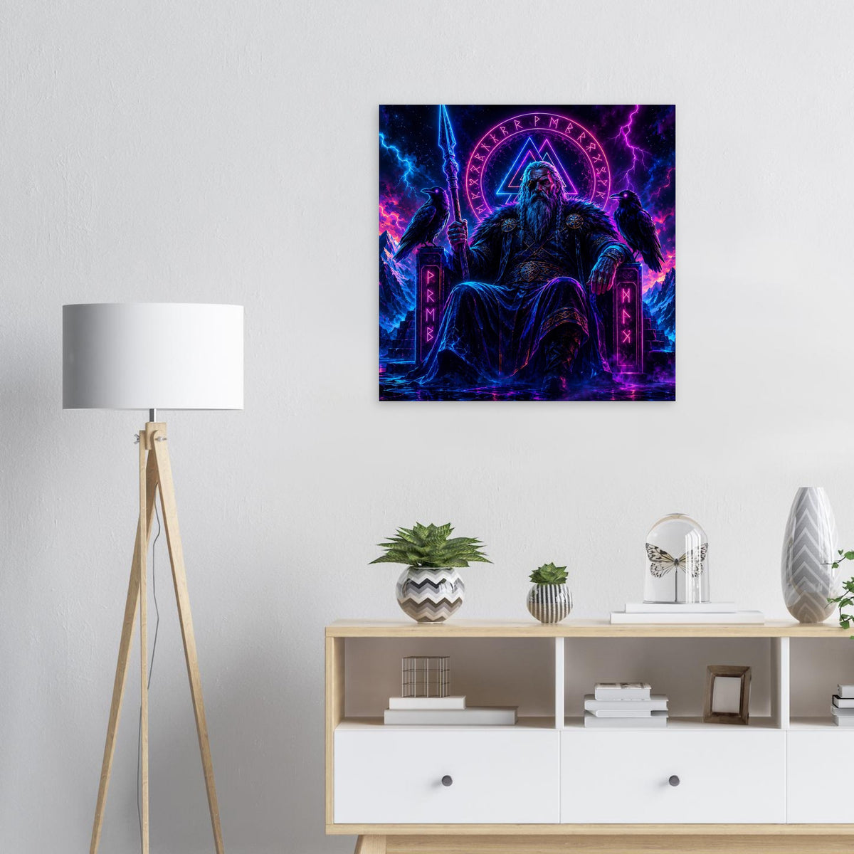 Quadratisches Fantasy-Poster: Wikingerkönig vor Runenkreis, blau-violette Leuchteffekte