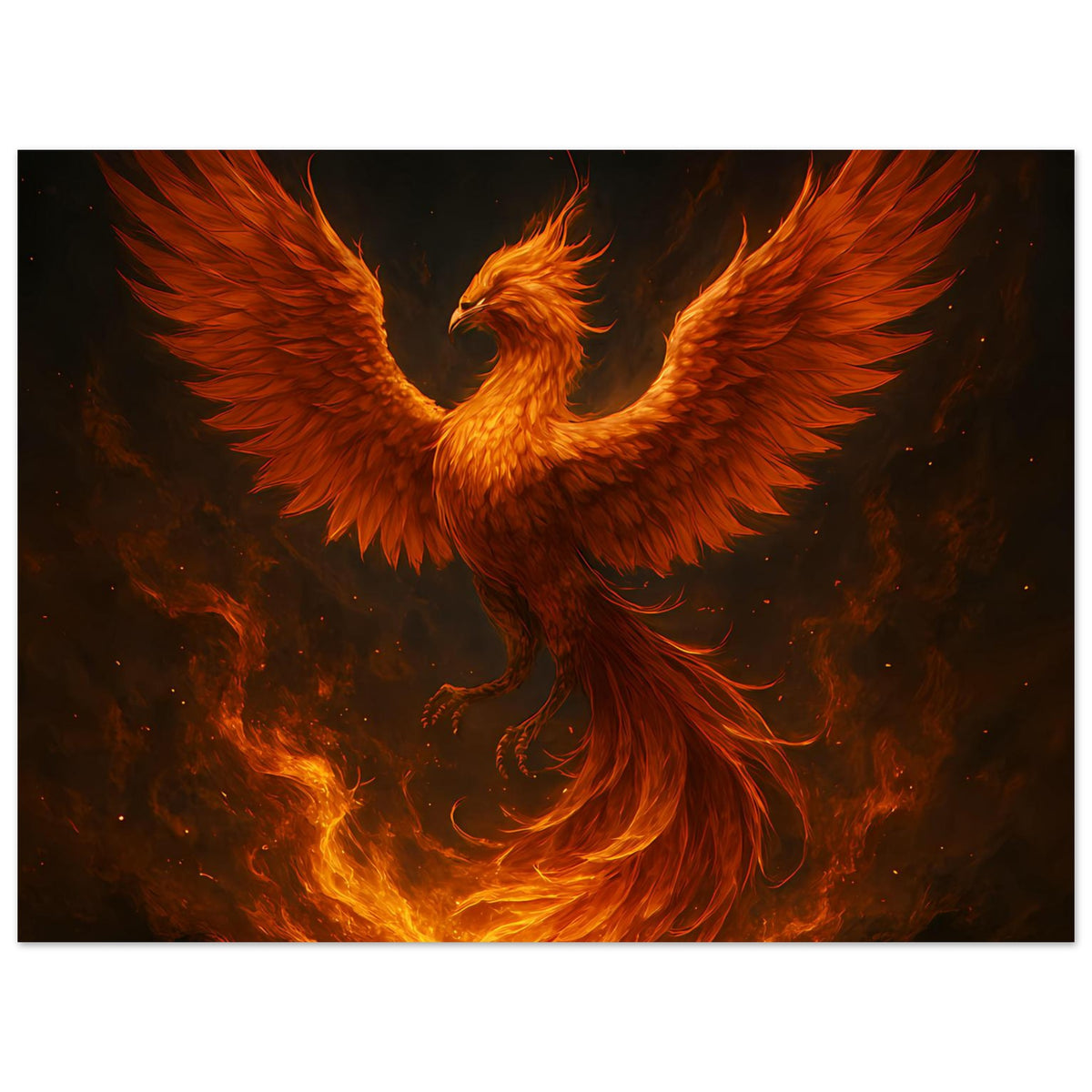 Breites Poster mit feurigem Phönix, wehende Flügel über leuchtender Flamme