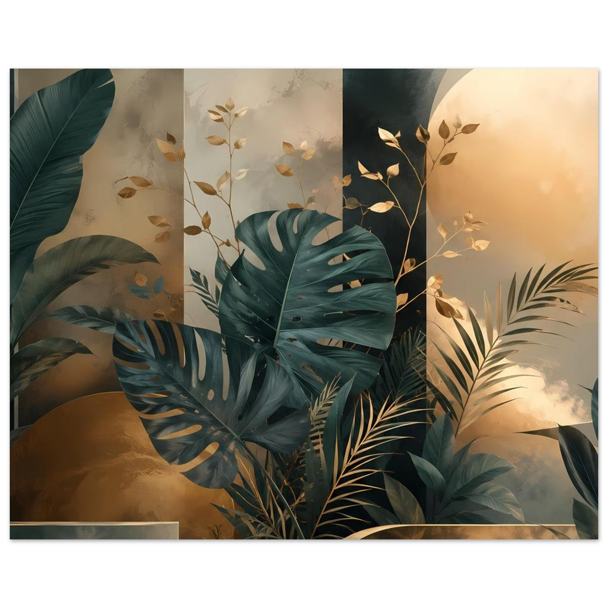 Poster mit Monstera- und Palmblättern, Petrolgrün, Gold und warmen Beige-Flächen
