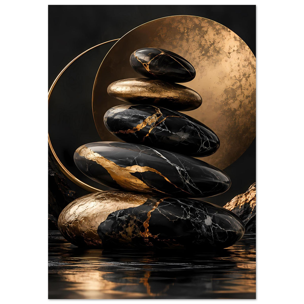 Poster mit Zen-Steinen, goldener Hintergrundscheibe und schwarzen Steinen mit goldenen Adern