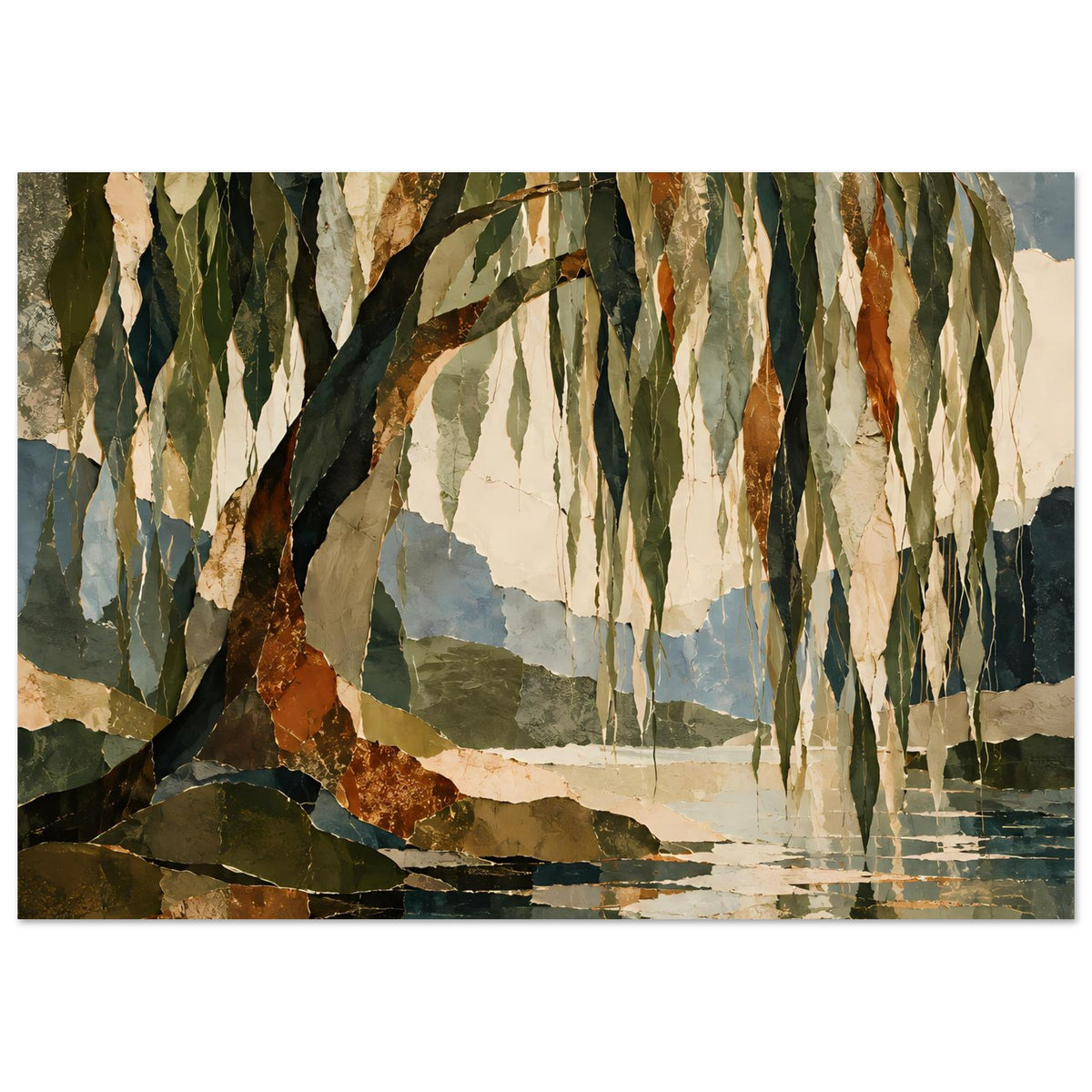 Querformat-Poster: Bäume am See mit hängenden Blättern und warmen Reflexionen in Herbstfarben
