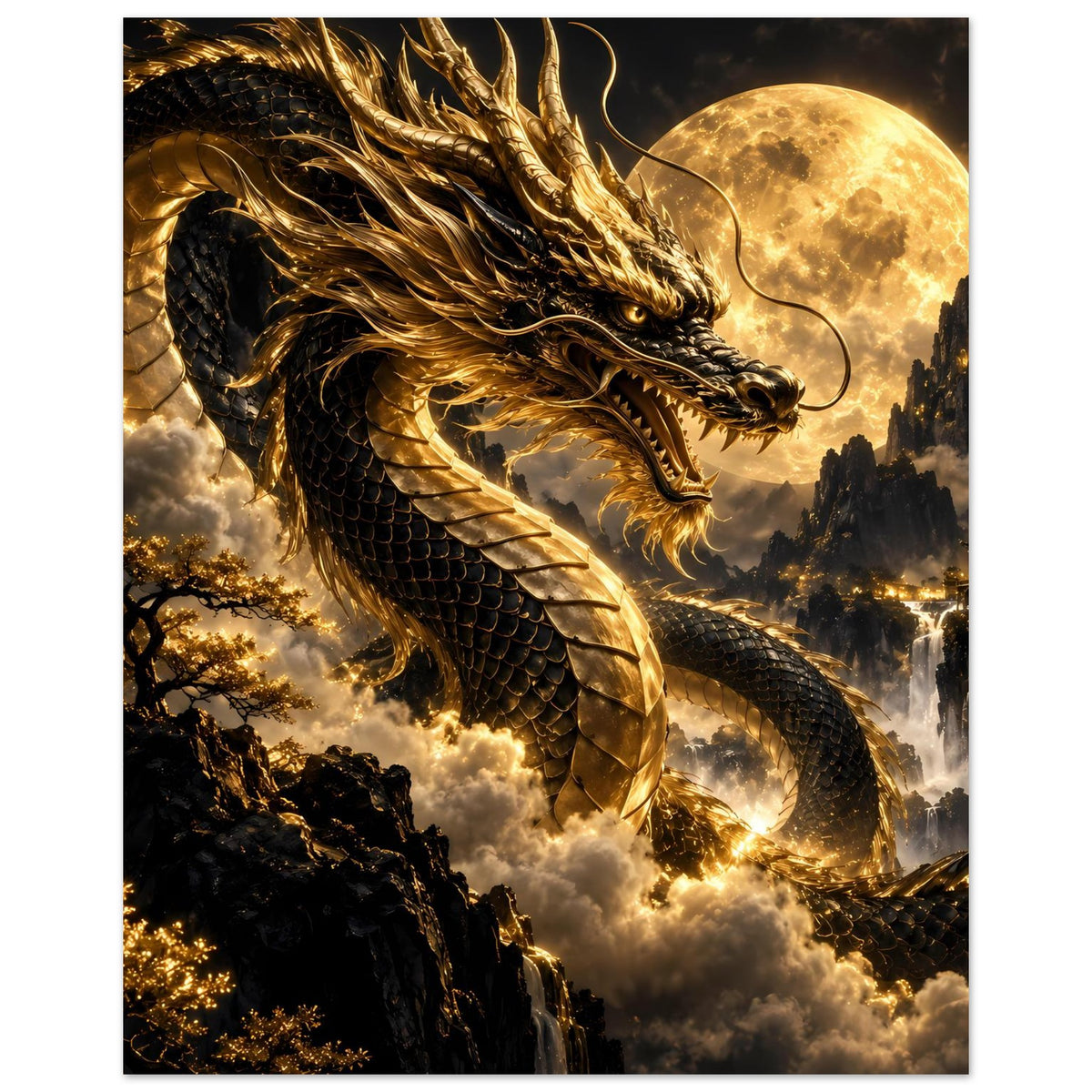 Poster zeigt gold-schwarzen Drachen mit Flügeln, detaillierten Schuppen und Vollmond