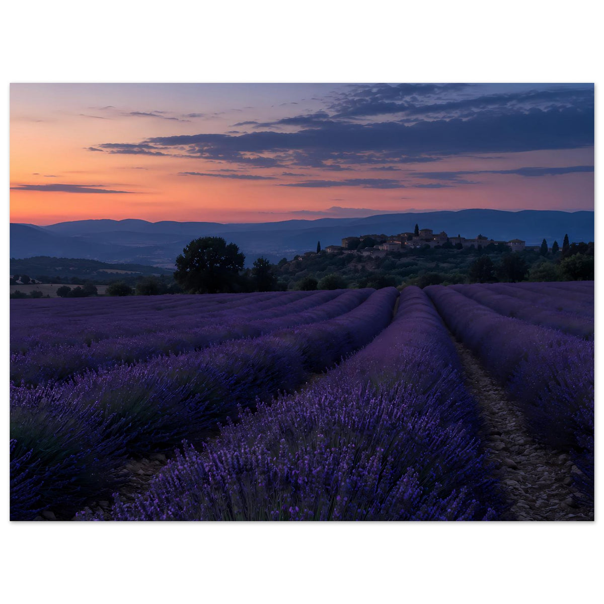 Querformat-Poster mit violetten Lavendelfeldern, orangefarbenem Himmel und Hügeldorf