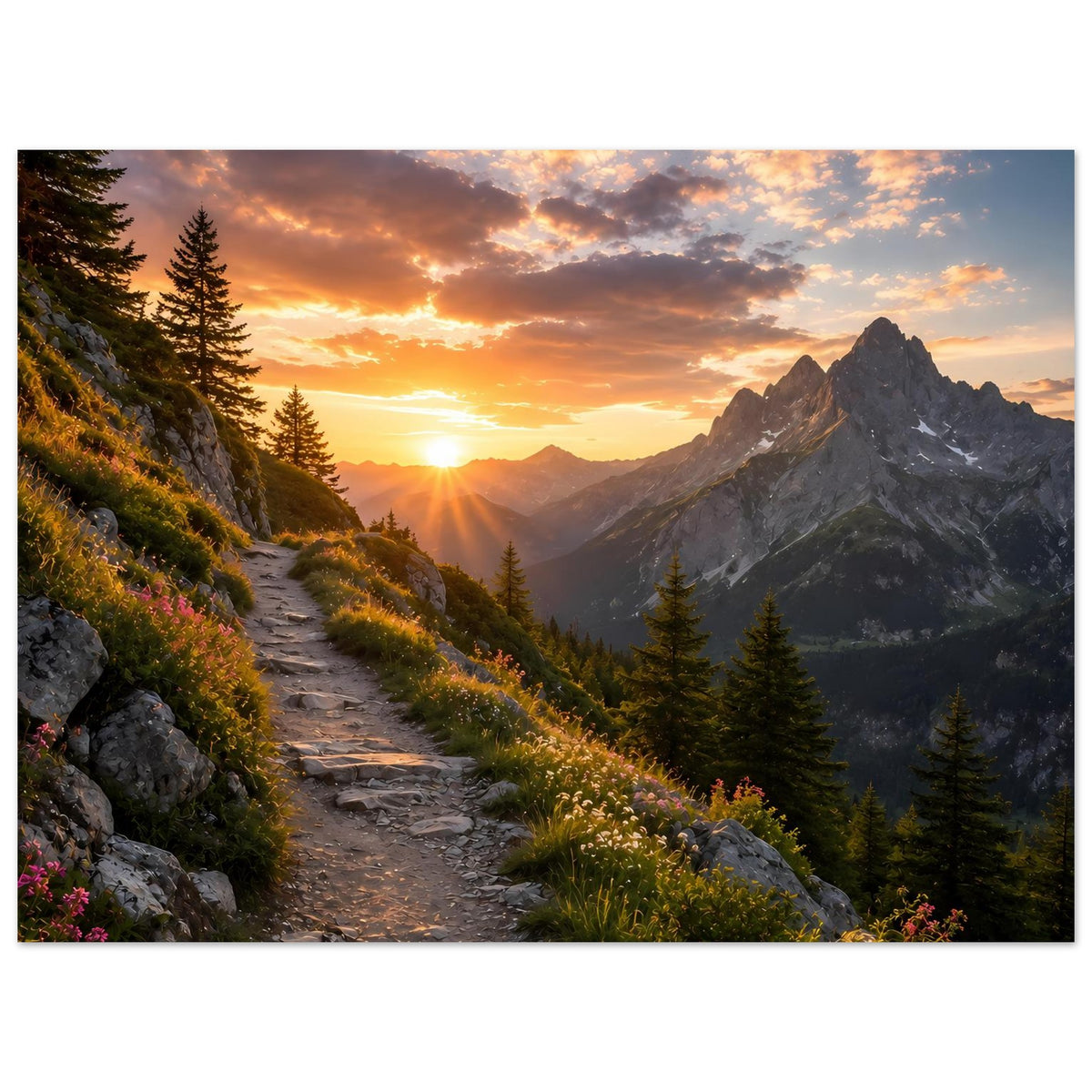 Horizontales Poster mit Bergpfad zwischen Fichten, Sonnenaufgang über Bergmassiv und Wolken