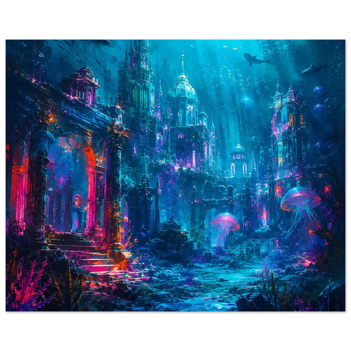 Fantasy-Unterwasserposter im Querformat: farbenfrohe Ruinen unter Wasser mit leuchtenden Quallen