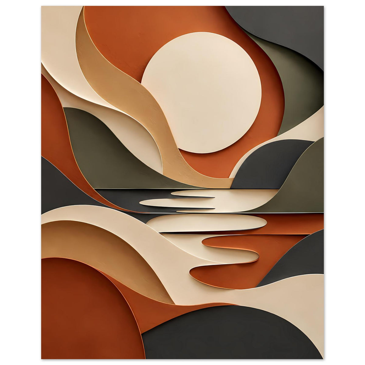 Kunstposter (Hochformat) mit abstrakten, geschwungenen Bahnen in Terrakotta, Creme und dunklem Grün