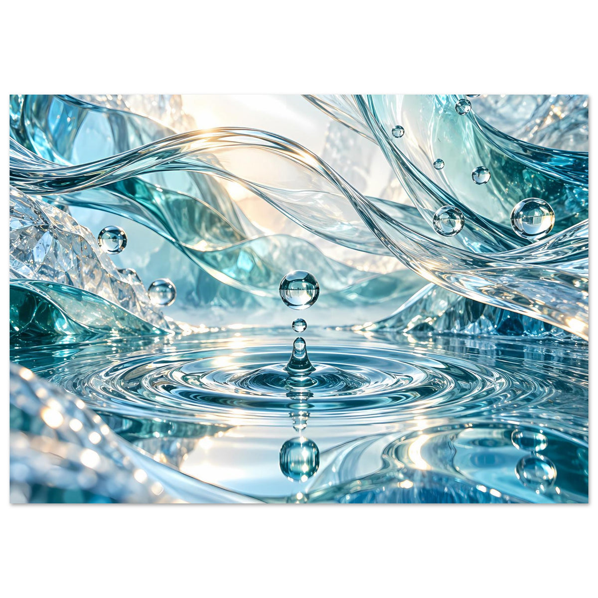 Glasartiges Wasserwelt-Poster mit Wasserwirbel und runden Tropfen, türkisblau, horizontal