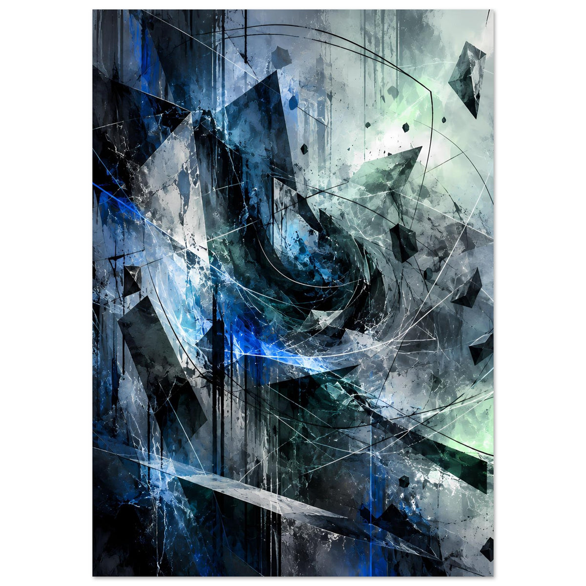 Abstraktes Kunstposter im Hochformat mit blauen und grünen Elementen, feinen Linien und Fragmenten