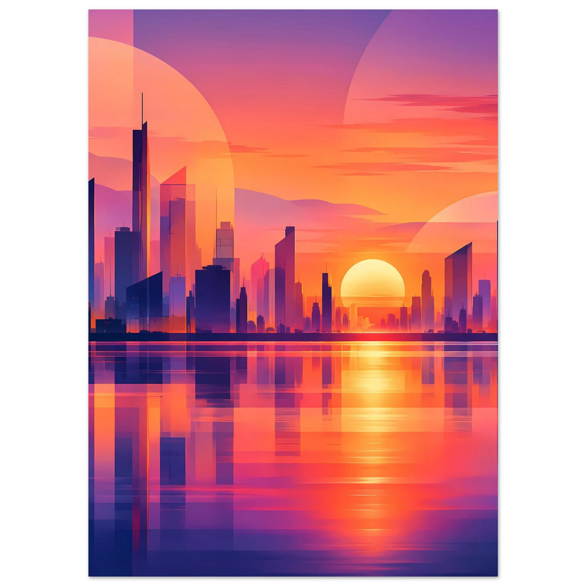 Hochkant-Stadtposter mit moderner Skyline, gelber Sonne und farbiger Spiegelung im Wasser