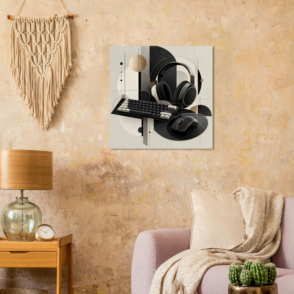 Geometrisches Gaming-Poster mit Kopfhörern und Tastatur in Schwarz und Gold, Creme