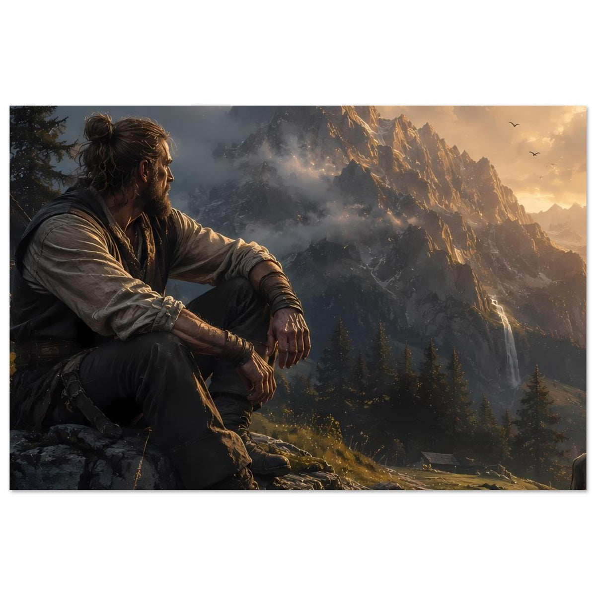 Horizontales Poster: sitzender Mann blickt auf Berggipfel im warmen Abendlicht