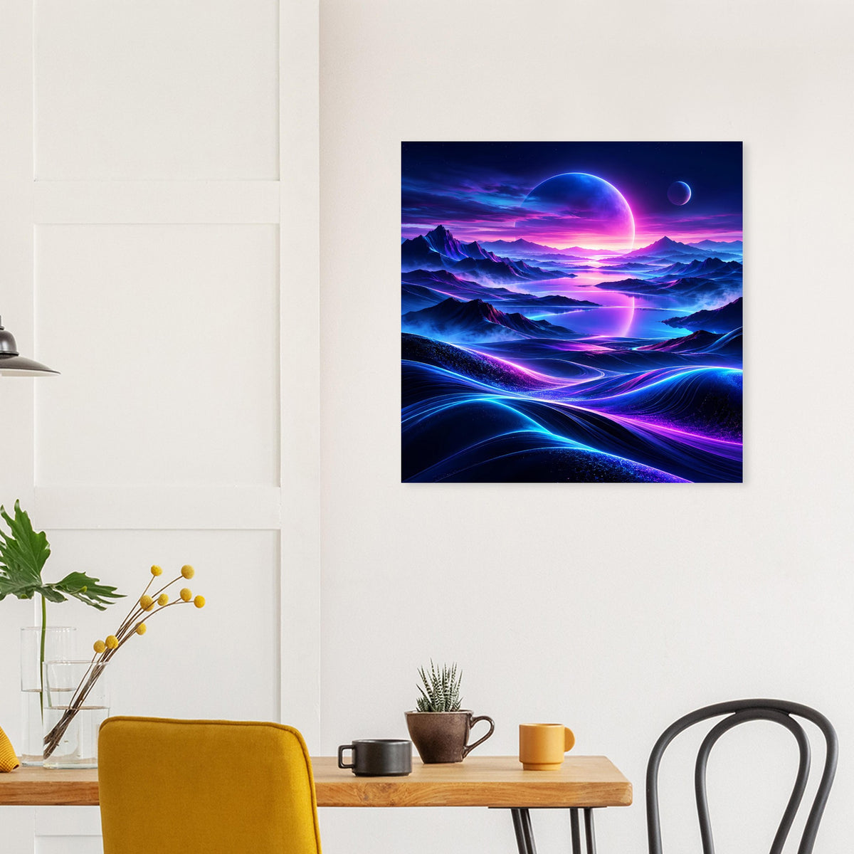 Quadratisches Neon-Weltraum-Poster mit Planet und violett-blauen Lichtbahnen